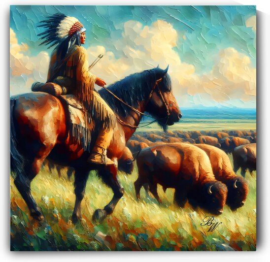 Native American Indian and Buffalos 2 by Billy Wayne