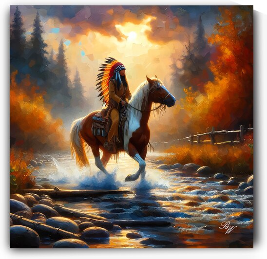 Native American Indian Crossing a Stream 14 by Billy Wayne
