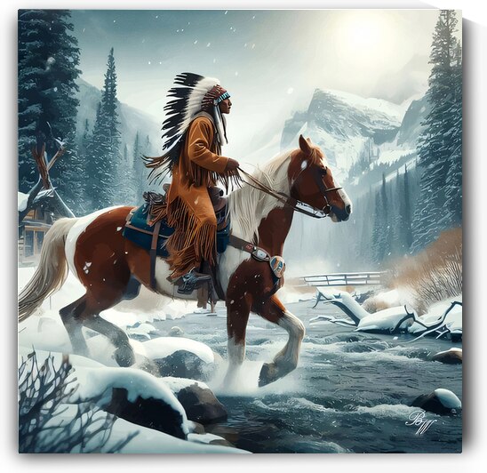 Native American Indian Crossing a Stream 17 by Billy Wayne
