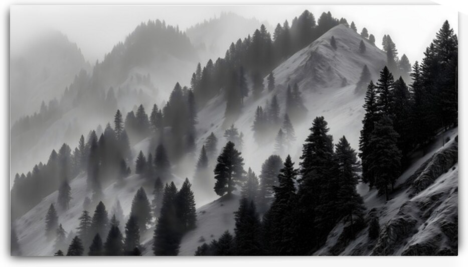 Mist Over Mountain Pines - Monochrome Landscape Art Prints by Savage Art Prints
