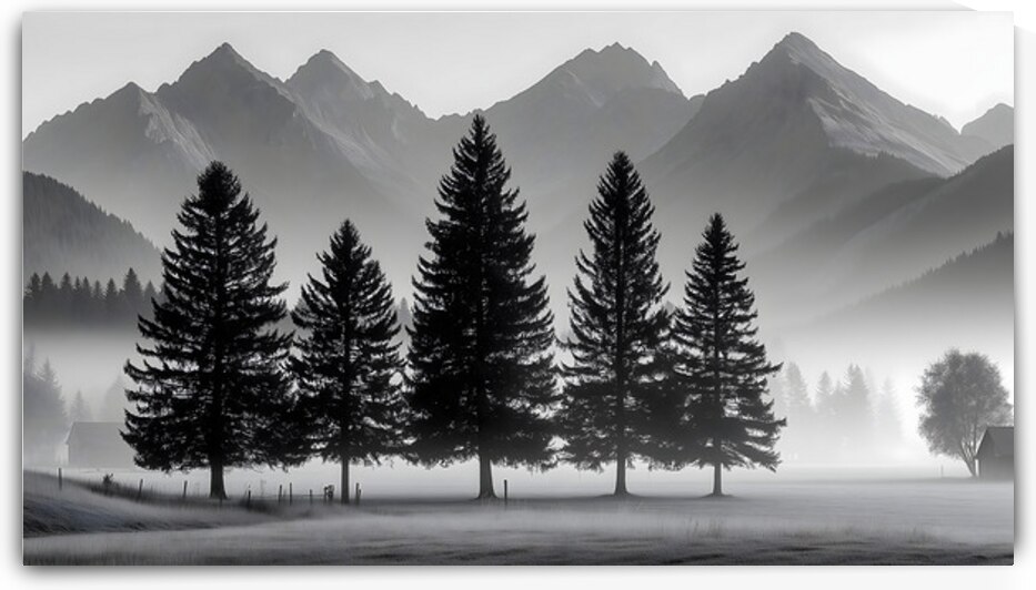 Morning Fog In The Valley - Monochrome Landscape Art Prints by Savage Art Prints
