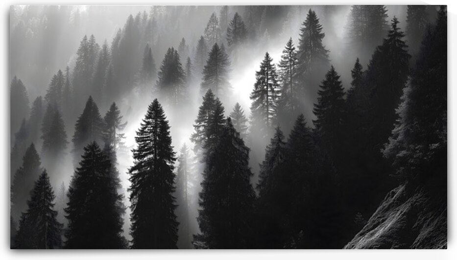 Misty Pine Hillside - Monochrome Landscape Art Prints by Savage Art Prints