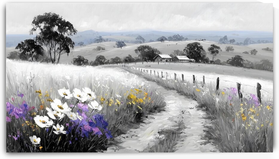 Flowers By The Fence - Country Floral Landscape Art Prints by Savage Art Prints