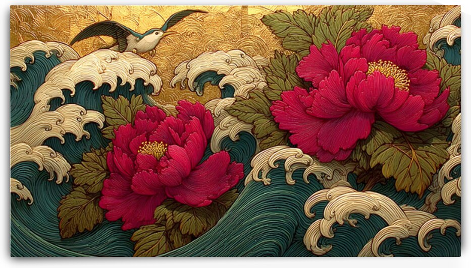 Hana To Nami No Uta 花と波の詩 - Poem Of Flowers And Waves - Japanese Floral Seascape Art Prints by Savage Art Prints