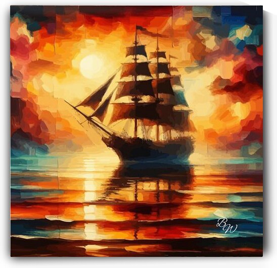 Pirate Ship On a Calm Sea at Sunset  by Billy Wayne