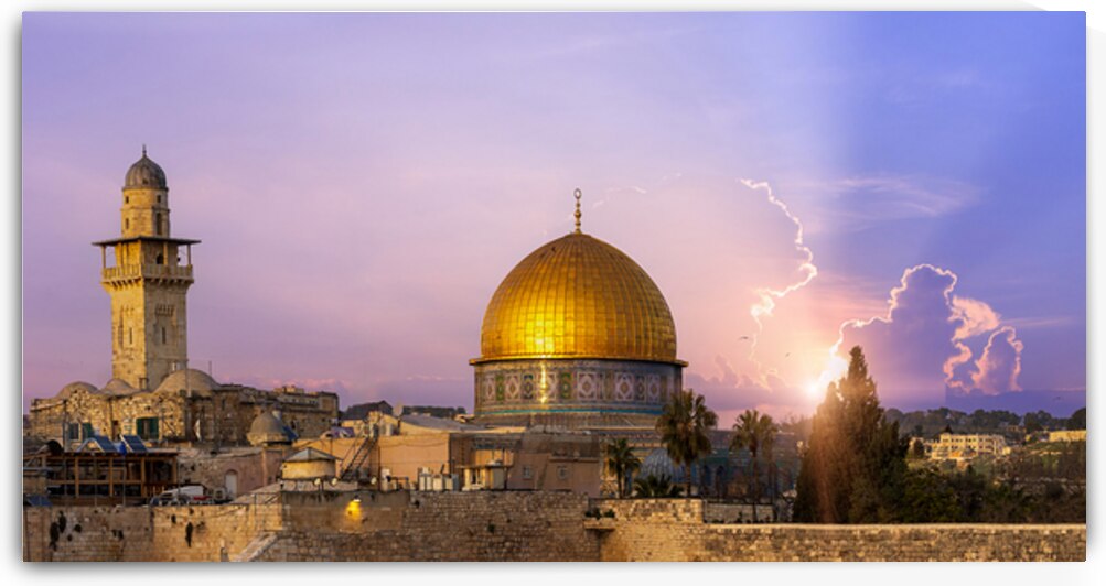 Panoramic view of Jerusalem Old City Western wall Al Aksa Dome of the Rock and Temple Mount by Elijah Lovkoff