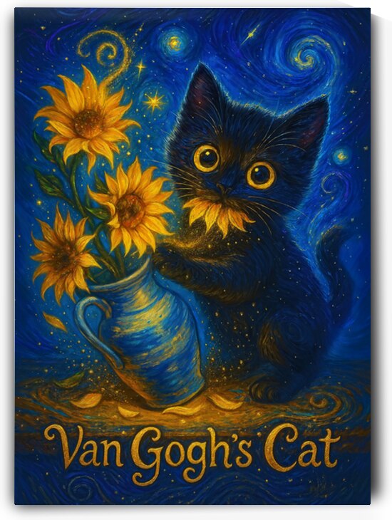 Van Gogh’s Cat – Whimsical Black Kitten with Sunflowers in a Starry Night Sky by Anne Laure GOUPIL