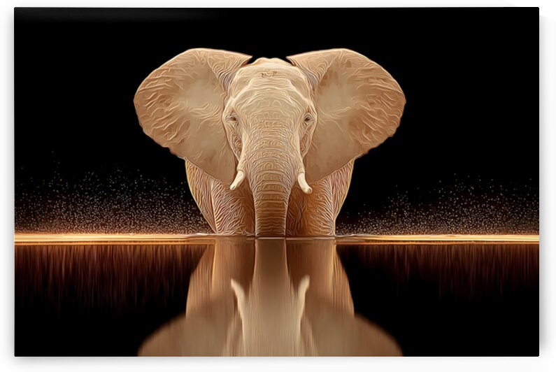 Golden Stillness – Elephant Reflection Print by Savage Art Prints