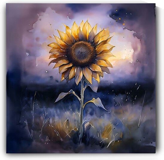 Sunflower Watercolor Wall Art – Golden Bloom at Twilight in Abstract Nature Scene by EsterJasmineDesign