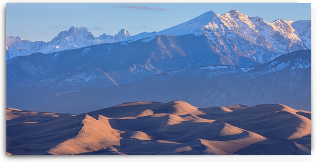 Early Morning Sand Dunes and Snow Covered Peaks by Bo Insogna