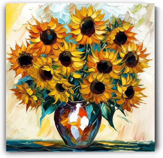 Vibrant Sunflowers in Vase Colorful Impressionist Floral Wall Art Print for Home & Office Decor by Pro Designs 77