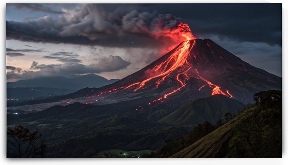 volcanic mountain with glowing lava  night view by DesignTech