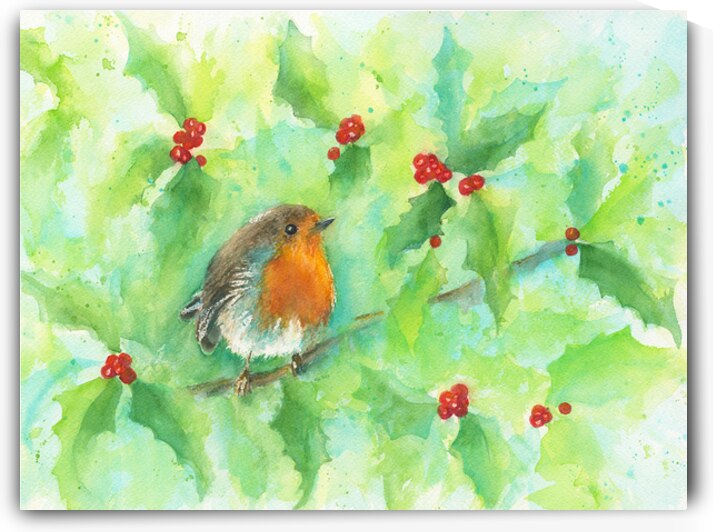 Robin in a holly bush by Karen Kaspar