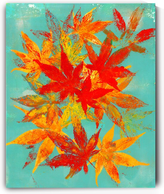 Red Japanese Maple leaves on blue acrylic painting by Karen Kaspar