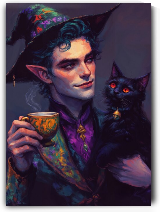 The Enchanted Tea Break – Elf Wizard with Black Cat by Anne Laure GOUPIL