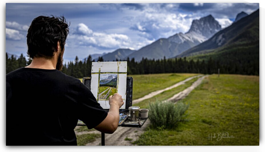 Unknown Artist Painting The Three Sisters In Canmore Alberta Canada by Hub Blanchette