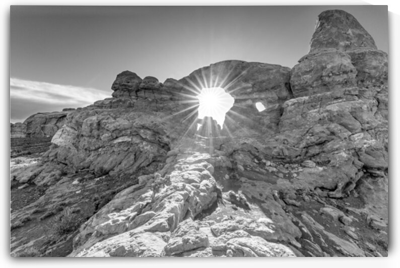 Sunburst Coming Through Turret Arch Grayscale by Jennifer White