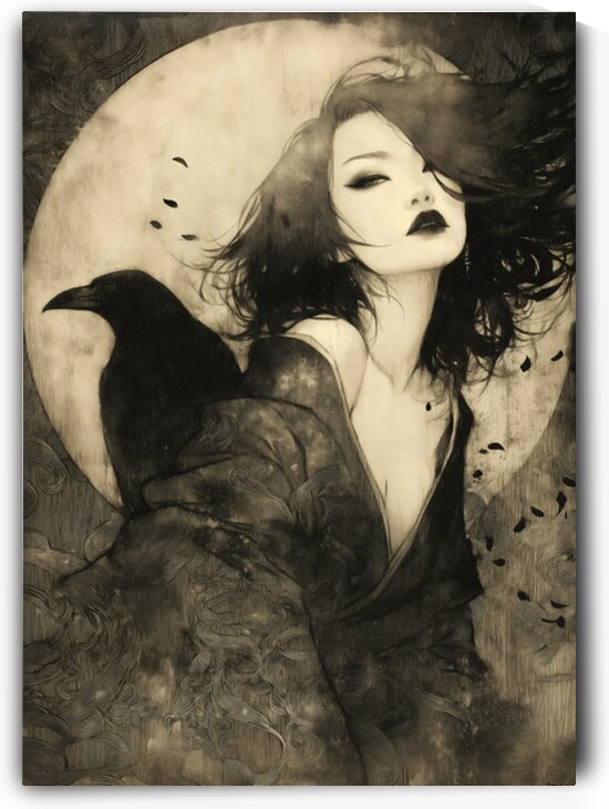 Mystical Asian Woman with Raven by Anne Laure GOUPIL
