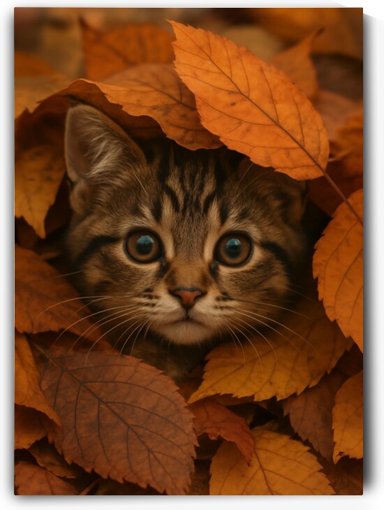 Cute Tabby Kitten in Autumn Forest Leaves by Anne Laure GOUPIL