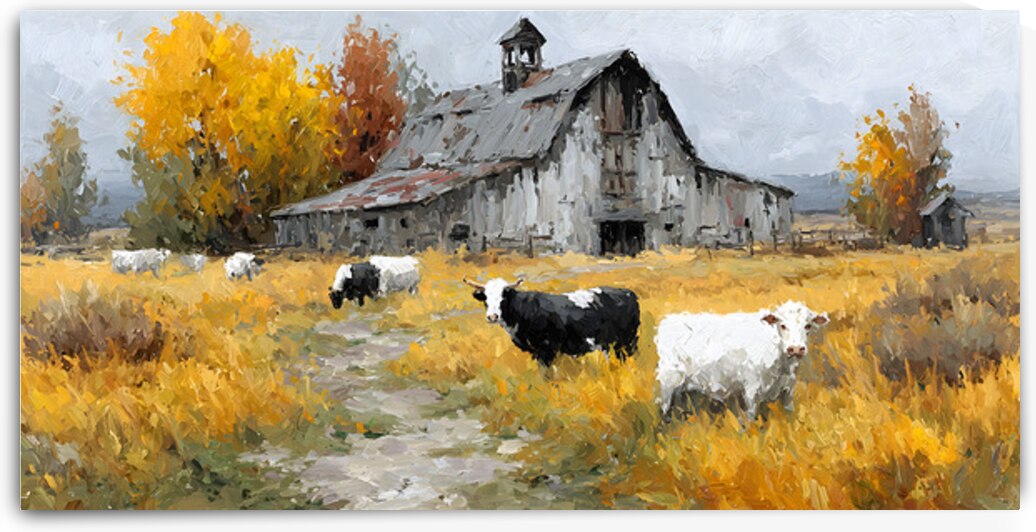 Autumn Barn with Grazing Cows – Farmhouse Landscape Art Print by Savage Art Prints