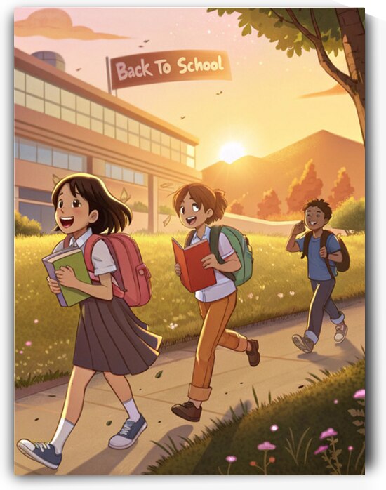 Anime Back to School Wall Art – Vibrant Anime Style Students with Backpacks 1 by Artivax