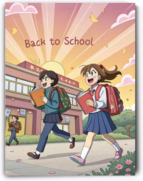 Anime Back to School Wall Art – Vibrant Anime Style Students with Backpacks 1 by Artivax