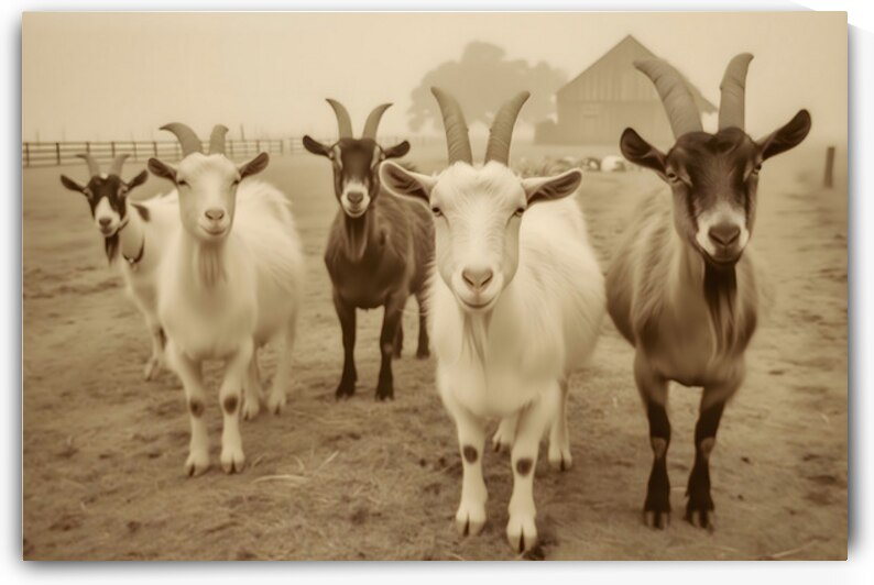 Curious Goats at the Fence – Farmhouse Animal Art Print by Savage Art Prints