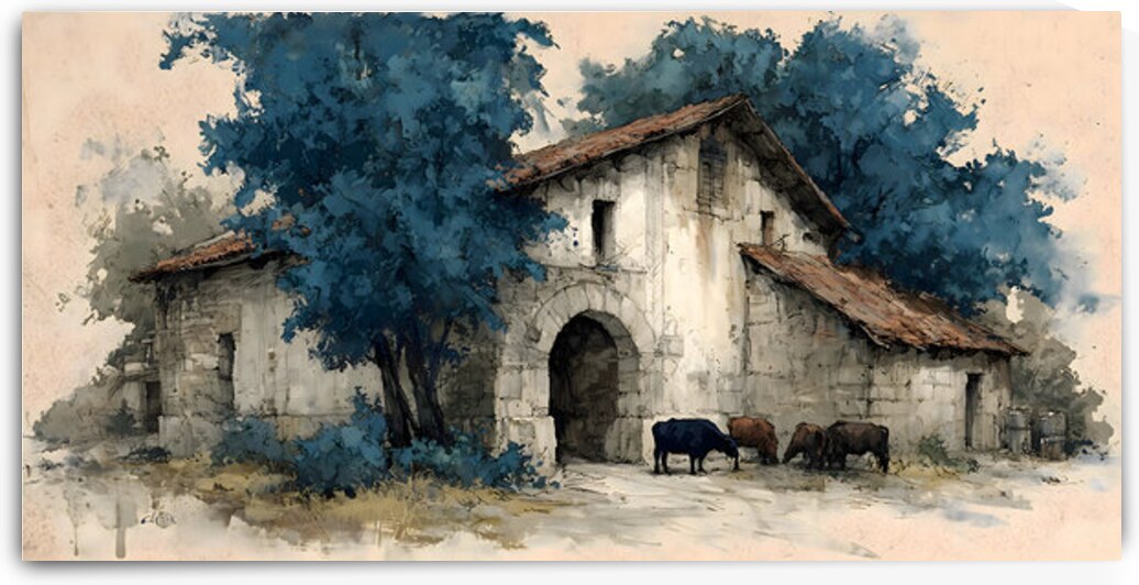 Cows by the Stone Arch – Farmhouse Landscape Art Print by Savage Art Prints