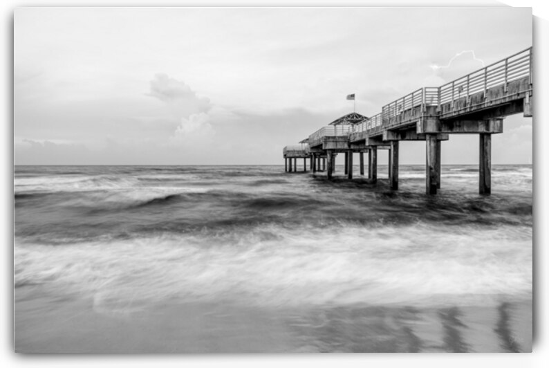 Lightning Over Orange Beach Pier Grayscale by Jennifer White