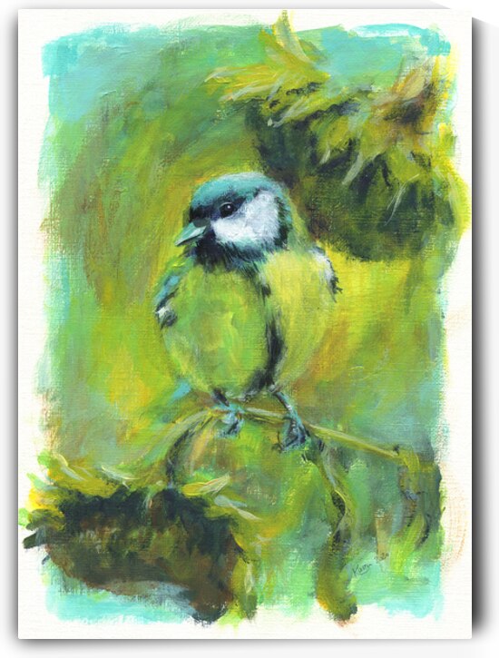 Great tit with sunflowers acrylic painting  by Karen Kaspar