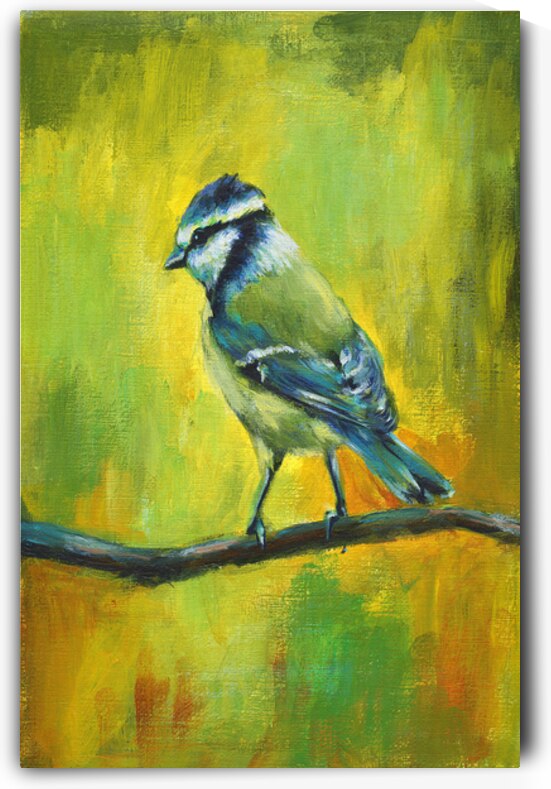 Blue tit bird portrait acrylic painting  by Karen Kaspar