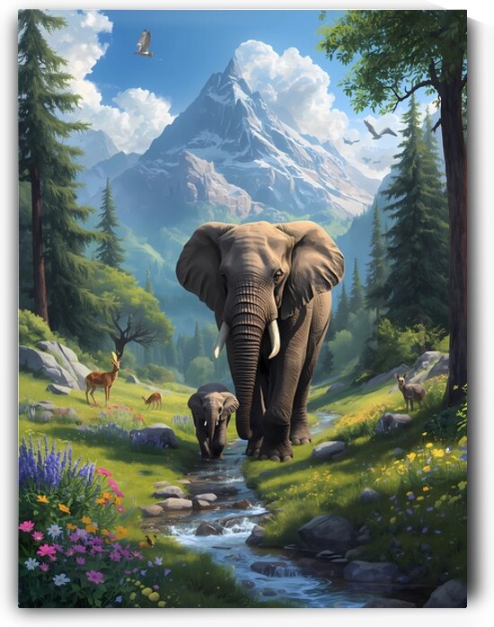 Majestic Elephants in Mountain Forest  Wildlife Wall Art Print by El moustapha
