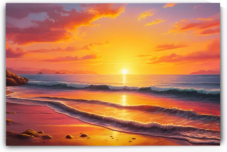Golden Sunset Waves – Tranquil Beach Landscape Art by Sihemsoso