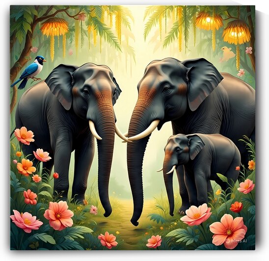Elephant Family in Floral Paradise by El moustapha