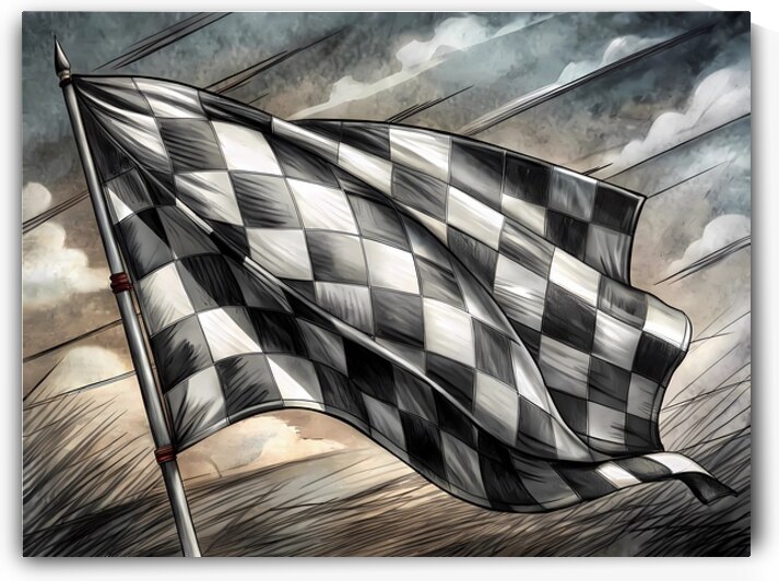 Monochrome Pencil Sketch of a Waving Checkered Racing Flag by Lux