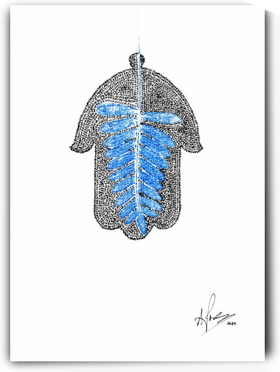 Hamsa Mircro-Blessing with a Blue Fern Monoprint by Aaron Poris