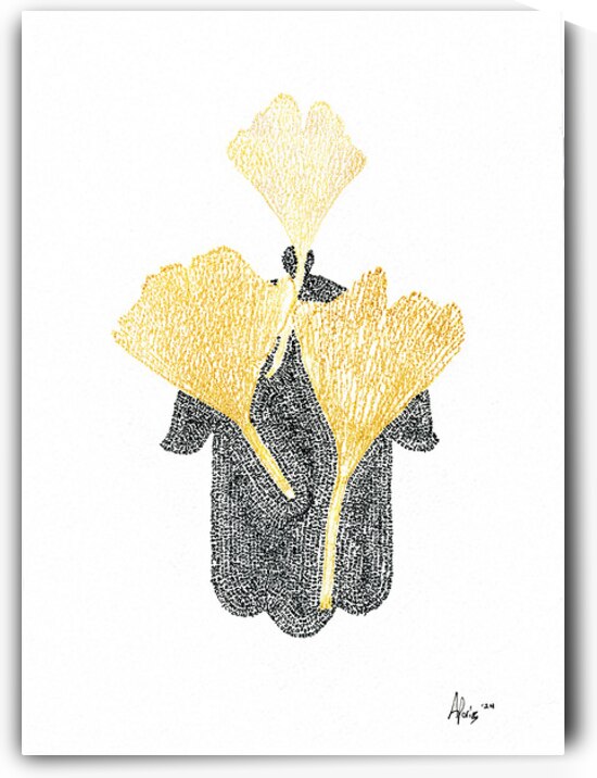 Hamsa Micro-Blessing with a Genko Leaf Monoprint by Aaron Poris