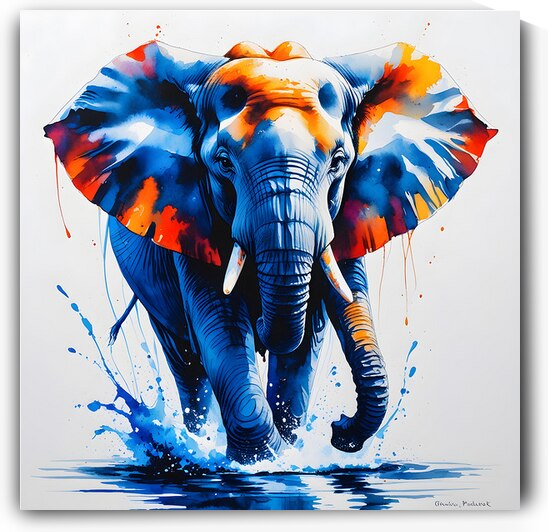 Vibrant Watercolor Elephant Art: Majestic Blue & Orange Splash Painting by abdodd