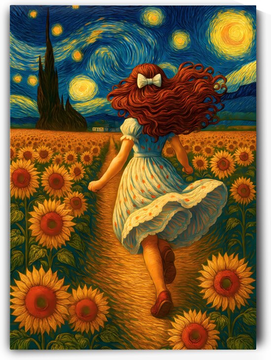 Van Gogh Style Sunflower Field Girl – Starry Night Swirls Art Prin by Signora