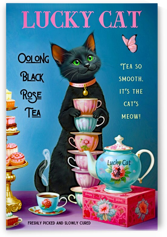 Lucky Cat Vintage Tea Art Print  by Tricky Rabbit Art