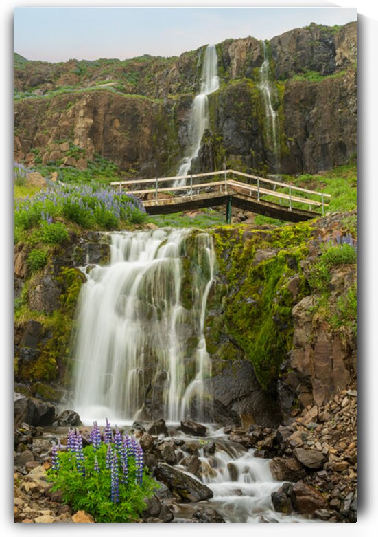 Budareyrarfoss waterfall cascades down the mountain by the port  by Steve Heap