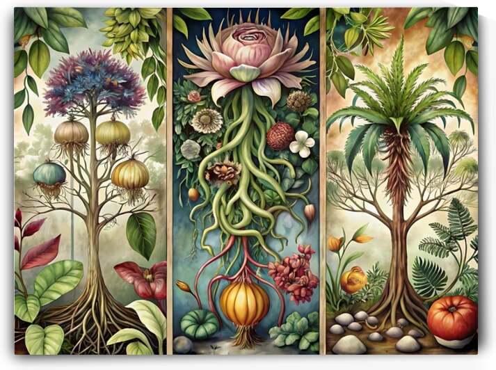 Botanical Triptych – Detailed Digital Illustrations of Trees and Plants by Lux
