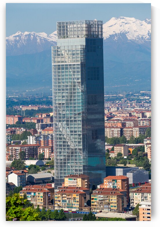 Turin panoramic view with SanPaolo skyscraper. Alps mountains in by Paolo Modena