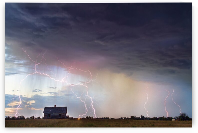Pink Lightning Storm Multiple Strikes Prairie Farmhouse by Bo Insogna