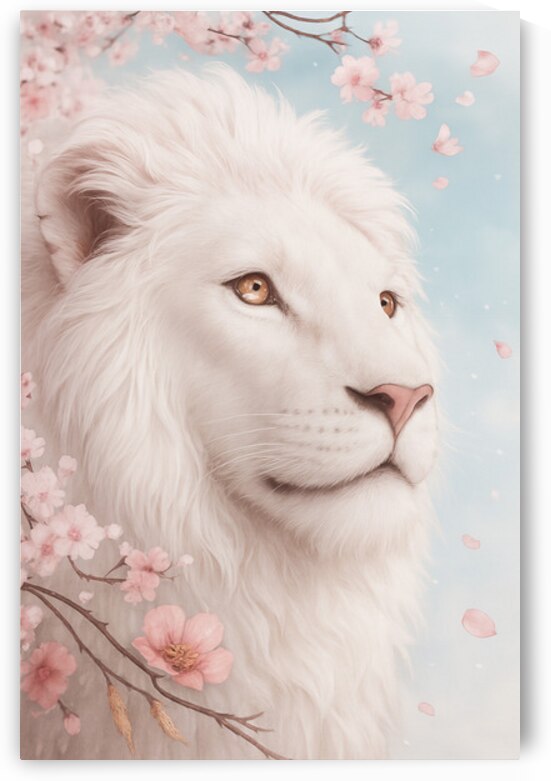 Majestic White Lion in Cherry Blossom Dream 1 by Synth Art Emporium