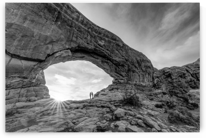 Sunrise Pause At Arches South Window Grayscale by Jennifer White