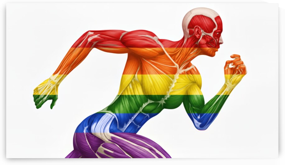 Pride in Motion – Female Muscular Anatomy Runner with Rainbow Colors by MotivatePrints