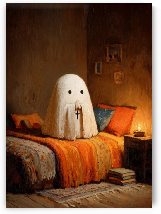 Praying Ghost in Cozy Bedroom – Halloween Oil Painting Art by Anne Laure GOUPIL