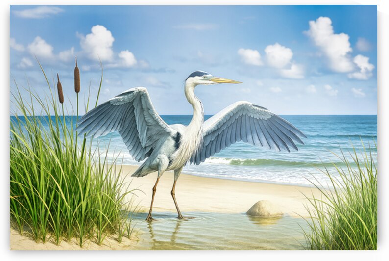 Blue Pelican on Beach – Peaceful Coastal Morning by Shelia Hunt Photography