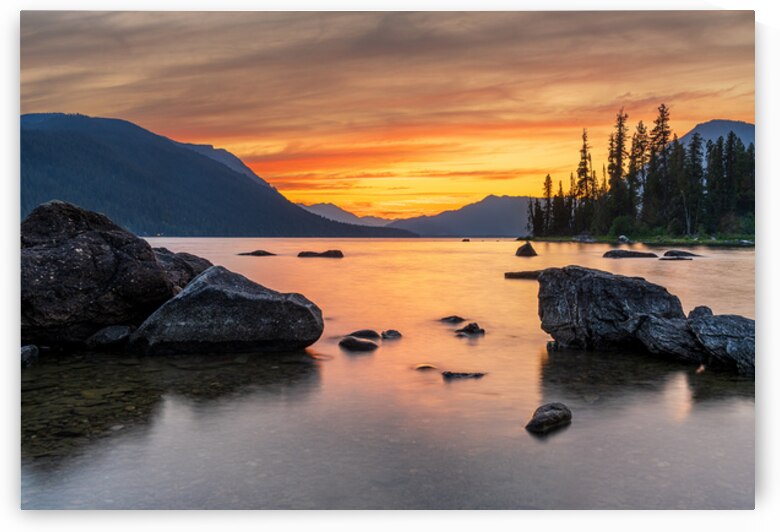 Vibrant sunset over Lake Wenatchee in the Cascade Mountains WA by Steve Heap